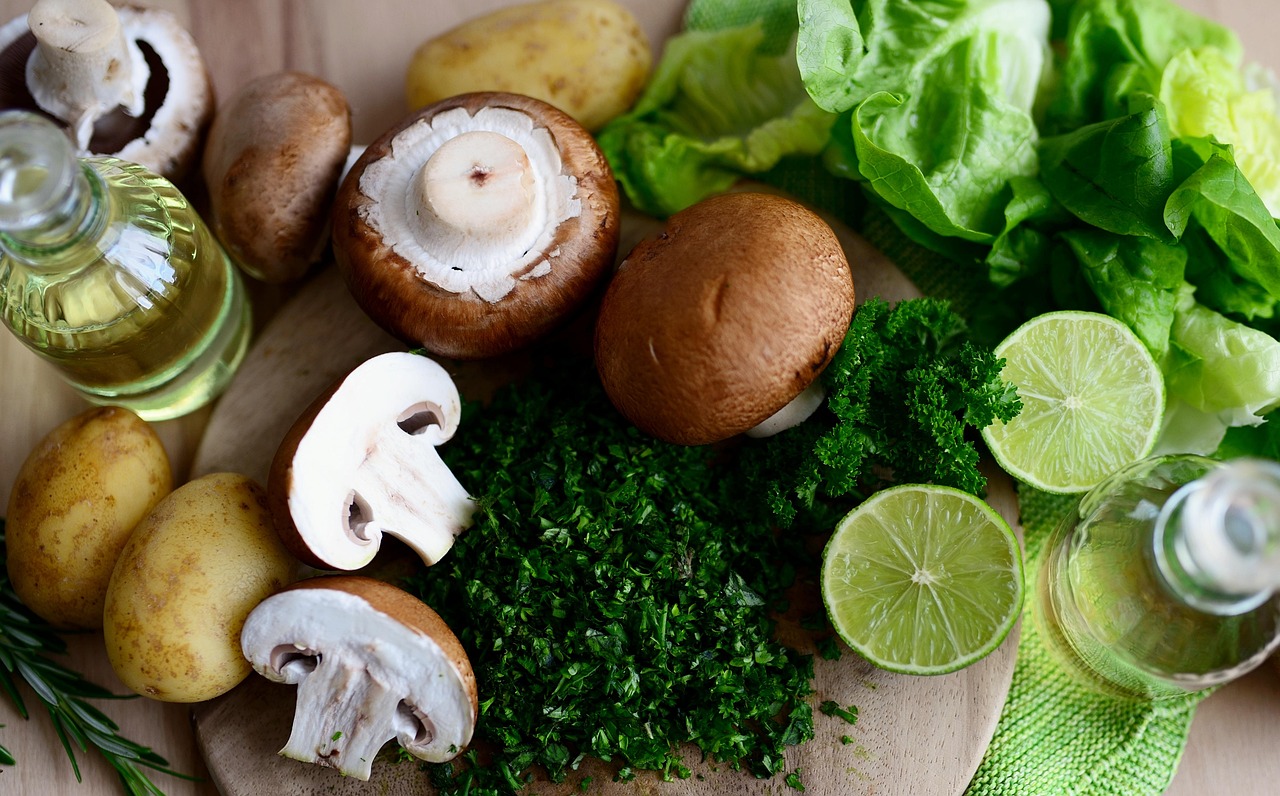eco friendly cooking with mushrooms, greens, vegetables